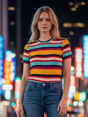 Fashion Nova Striped Rib-Knit Short Sleeve Bodysuit in Multicolor (NeverWorn)